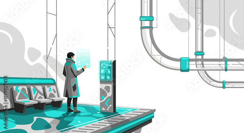 Futuristic cityscape depicts a solitary figure interacting with a digital interface on a platform