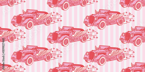 Seamless pattern featuring pink retro car with angel wings on pink and white striped background. Romantic repeating design for textile printing and Valentine projects.