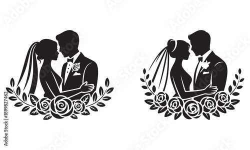 Elegant Bride and Groom Wedding Silhouette with Floral Roses Frame Vector