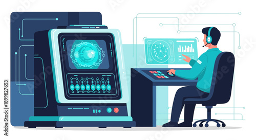 Futuristic control room featuring advanced interface and data analysis operated by an agent