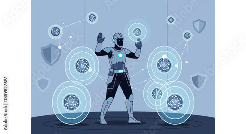 Futuristic cyber security interface with humanoid robotic character managing data integrity and