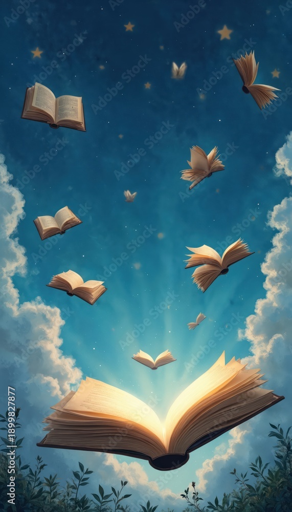 Naklejka premium Open book emits bright light as pages fly into starry blue sky with clouds. Other books soar like birds among stars and butterflies. Image promotes reading, imagination and adventure.