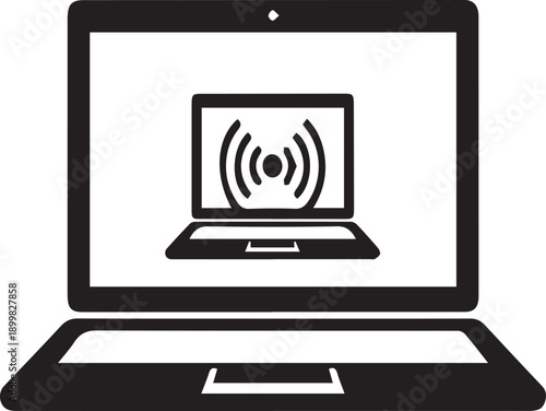 A black and white illustration of a laptop with a Wi-Fi symbol on its screen on transparent background