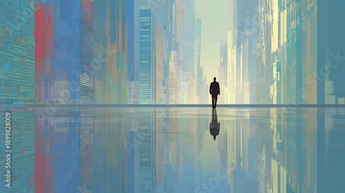 Abstract artwork of a solitary figure walking toward an urban cityscape