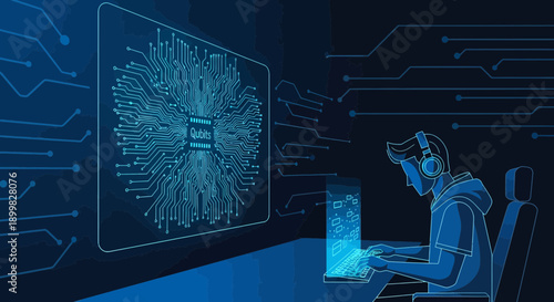 Futuristic developer coding complex algorithms with quantum computing technology interface