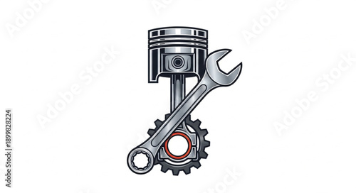 Engine Piston with Wrench and Gear Illustration.