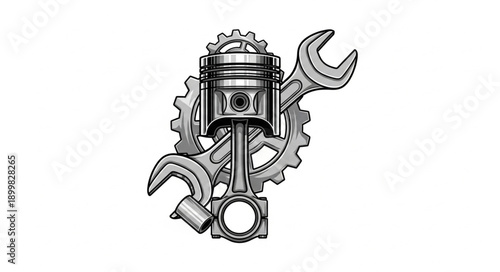 Engine Piston With Wrench And Gear Mechanical Illustration.