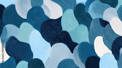 Abstract artwork of overlapping shapes in shades of blue and white