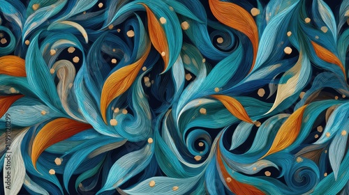 Abstract artwork of stylized leaves in shades of teal orange and gold