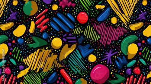 Abstract artwork of vibrant geometric shapes on black background