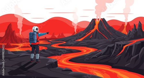 Futuristic exploration illustration depicting an astronaut amidst a fiery lava landscape on a