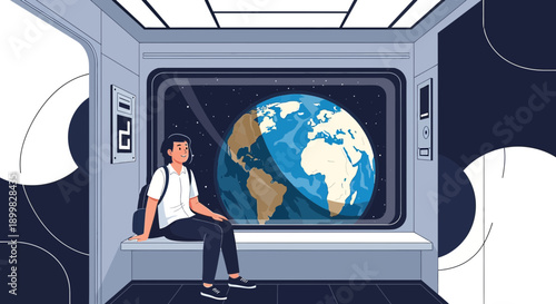 Futuristic exploration of space travel concept with a young man observing earth from a spaceship