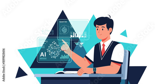 Futuristic Illustration of a Man Interacting with AI and Quantum Computing Interfaces