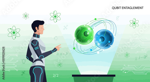Futuristic human interacting with quantum entanglement visualization on display system
