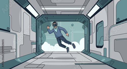 Futuristic immersive virtual reality experience in a sci-fi corridor setting