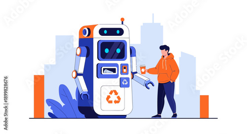 Futuristic interaction a robot assisting a man with coffee in a modern city, illustrating