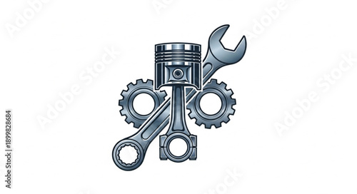 Engine Piston Connecting Rod Crankshaft Gear and Wrench.