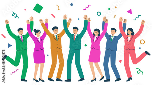 目標を達成し、ひらひらと舞う紙吹雪の中でバンザイ歓喜する多様なビジネスチームのイラストです。仲間と肩を組み、笑顔で勝利を分かち合う様子は、組織の強固な結束と明るい未来への希望を表現しています。企業の記念イベントや求人広告などで、前向きな活力を伝えます。