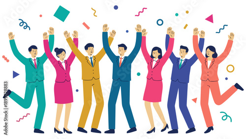 目標を達成し、ひらひらと舞う紙吹雪の中でバンザイ歓喜する多様なビジネスチームのイラストです。仲間と肩を組み、笑顔で勝利を分かち合う様子は、組織の強固な結束と明るい未来への希望を表現しています。企業の記念イベントや求人広告などで、前向きな活力を伝えます。
