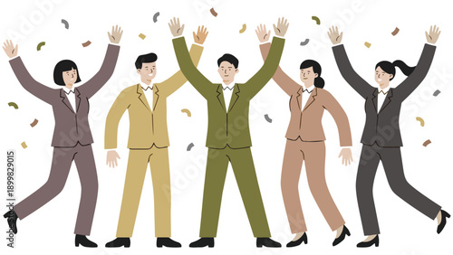 目標を達成し、ひらひらと舞う紙吹雪の中でバンザイ歓喜する多様なビジネスチームのイラストです。仲間と肩を組み、笑顔で勝利を分かち合う様子は、組織の強固な結束と明るい未来への希望を表現しています。企業の記念イベントや求人広告などで、前向きな活力を伝えます。
