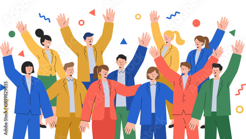 目標を達成し、ひらひらと舞う紙吹雪の中でバンザイ歓喜する多様なビジネスチームのイラストです。仲間と肩を組み、笑顔で勝利を分かち合う様子は、組織の強固な結束と明るい未来への希望を表現しています。企業の記念イベントや求人広告などで、前向きな活力を伝えます。