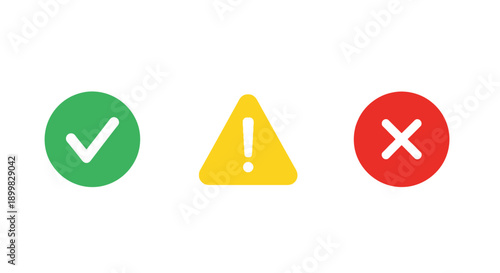 Check mark, warning sign, and cross symbol icons.