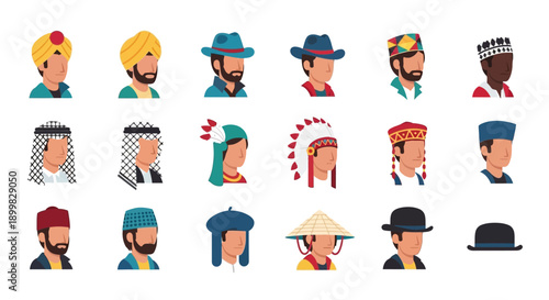 Diverse Male Characters and Headwear Illustrations.