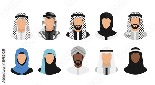 Diverse Muslim Men and Women Avatars in Traditional Clothing.