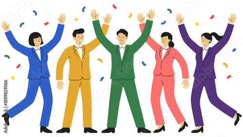 目標を達成し、ひらひらと舞う紙吹雪の中でバンザイ歓喜する多様なビジネスチームのイラストです。仲間と肩を組み、笑顔で勝利を分かち合う様子は、組織の強固な結束と明るい未来への希望を表現しています。企業の記念イベントや求人広告などで、前向きな活力を伝えます。