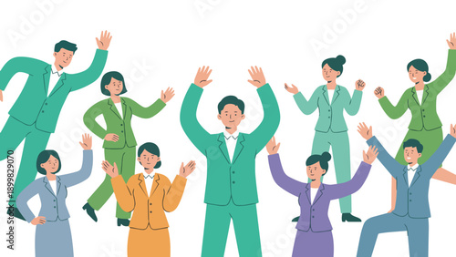 目標を達成し、ひらひらと舞う紙吹雪の中でバンザイ歓喜する多様なビジネスチームのイラストです。仲間と肩を組み、笑顔で勝利を分かち合う様子は、組織の強固な結束と明るい未来への希望を表現しています。企業の記念イベントや求人広告などで、前向きな活力を伝えます。