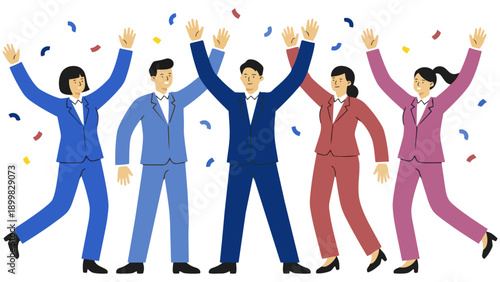 目標を達成し、ひらひらと舞う紙吹雪の中でバンザイ歓喜する多様なビジネスチームのイラストです。仲間と肩を組み、笑顔で勝利を分かち合う様子は、組織の強固な結束と明るい未来への希望を表現しています。企業の記念イベントや求人広告などで、前向きな活力を伝えます。