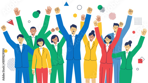 目標を達成し、ひらひらと舞う紙吹雪の中でバンザイ歓喜する多様なビジネスチームのイラストです。仲間と肩を組み、笑顔で勝利を分かち合う様子は、組織の強固な結束と明るい未来への希望を表現しています。企業の記念イベントや求人広告などで、前向きな活力を伝えます。