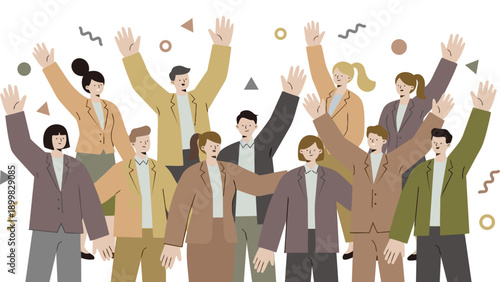 目標を達成し、ひらひらと舞う紙吹雪の中でバンザイ歓喜する多様なビジネスチームのイラストです。仲間と肩を組み、笑顔で勝利を分かち合う様子は、組織の強固な結束と明るい未来への希望を表現しています。企業の記念イベントや求人広告などで、前向きな活力を伝えます。