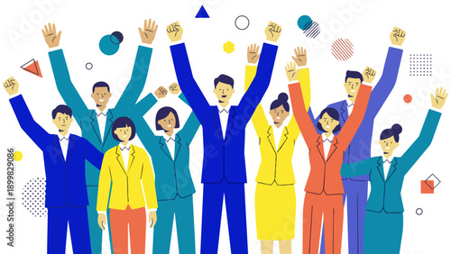 目標を達成し、ひらひらと舞う紙吹雪の中でバンザイ歓喜する多様なビジネスチームのイラストです。仲間と肩を組み、笑顔で勝利を分かち合う様子は、組織の強固な結束と明るい未来への希望を表現しています。企業の記念イベントや求人広告などで、前向きな活力を伝えます。