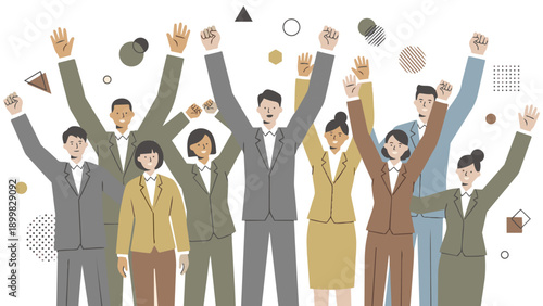 目標を達成し、ひらひらと舞う紙吹雪の中でバンザイ歓喜する多様なビジネスチームのイラストです。仲間と肩を組み、笑顔で勝利を分かち合う様子は、組織の強固な結束と明るい未来への希望を表現しています。企業の記念イベントや求人広告などで、前向きな活力を伝えます。