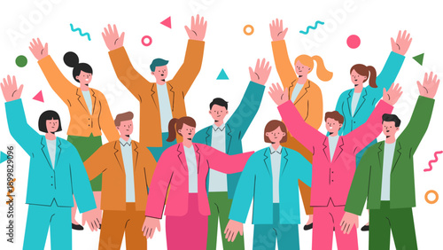 目標を達成し、ひらひらと舞う紙吹雪の中でバンザイ歓喜する多様なビジネスチームのイラストです。仲間と肩を組み、笑顔で勝利を分かち合う様子は、組織の強固な結束と明るい未来への希望を表現しています。企業の記念イベントや求人広告などで、前向きな活力を伝えます。