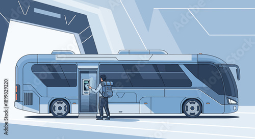 Futuristic Public Transport: Character Interacting with Advanced Bus Ticketing System