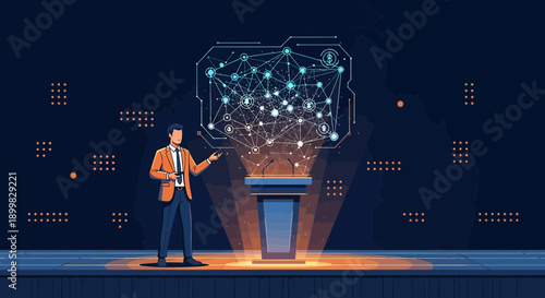 Futuristic presentation of global networks and technology by speaker on stage