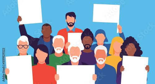 Diverse group of people holding blank signs together.