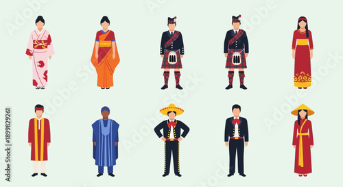 Diverse traditional clothing from around the world for men and women.