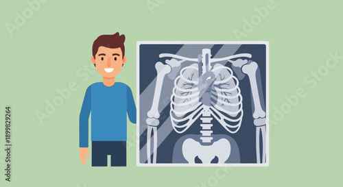 Man standing next to an X-ray image of a human skeleton.