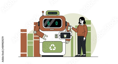 Futuristic Recycling Innovation: A Woman Interacting with a Robot Waste Management System