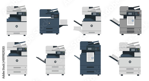 Collection of office printers in various colors and configurations.