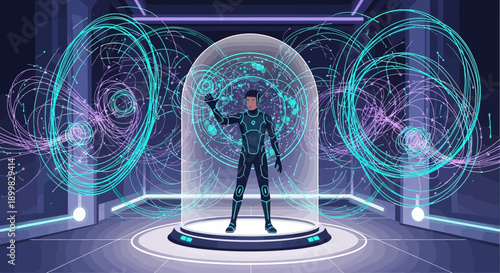 Futuristic sanctuary protection, scientist in energy dome, data stream visualization, quantum