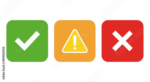 Three colored square buttons with checkmark, warning sign, and cross symbols.