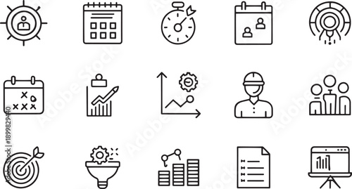 Operations management web icons in line style. Logistics, business process, maintenance, supply chain, improvement, planning, collection. Editable stroke. Vector ...