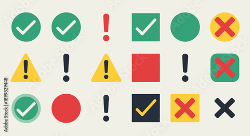 Collection of various check marks, crosses, and warning signs in different colors and shapes.