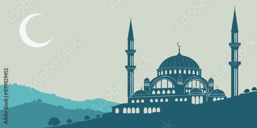 Majestic Mosque Silhouette Under Crescent Moonlight on Hilltop