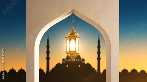 Islamic Ramadan lantern hanging in front of mosque silhouette at sunset