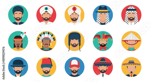 Diverse Male Avatars with Various Headwear and Facial Hair.
